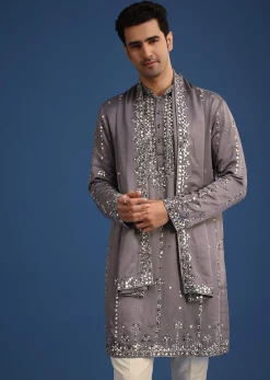 Grey Silk Blend Mirror Work Kurta Set With Dupatta