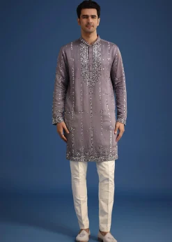 Grey Silk Blend Mirror Work Kurta Set With Dupatta
