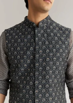 Grey Silk Cutdana Sequins Kurta Jacket Set