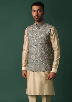 Grey Silk Jacket Kurta Set With Intricate Thread Work