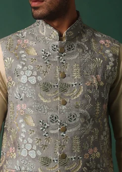 Grey Silk Jacket Kurta Set With Intricate Thread Work