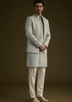 Grey Silk Jodhpuri Suit Featuring Foil Print