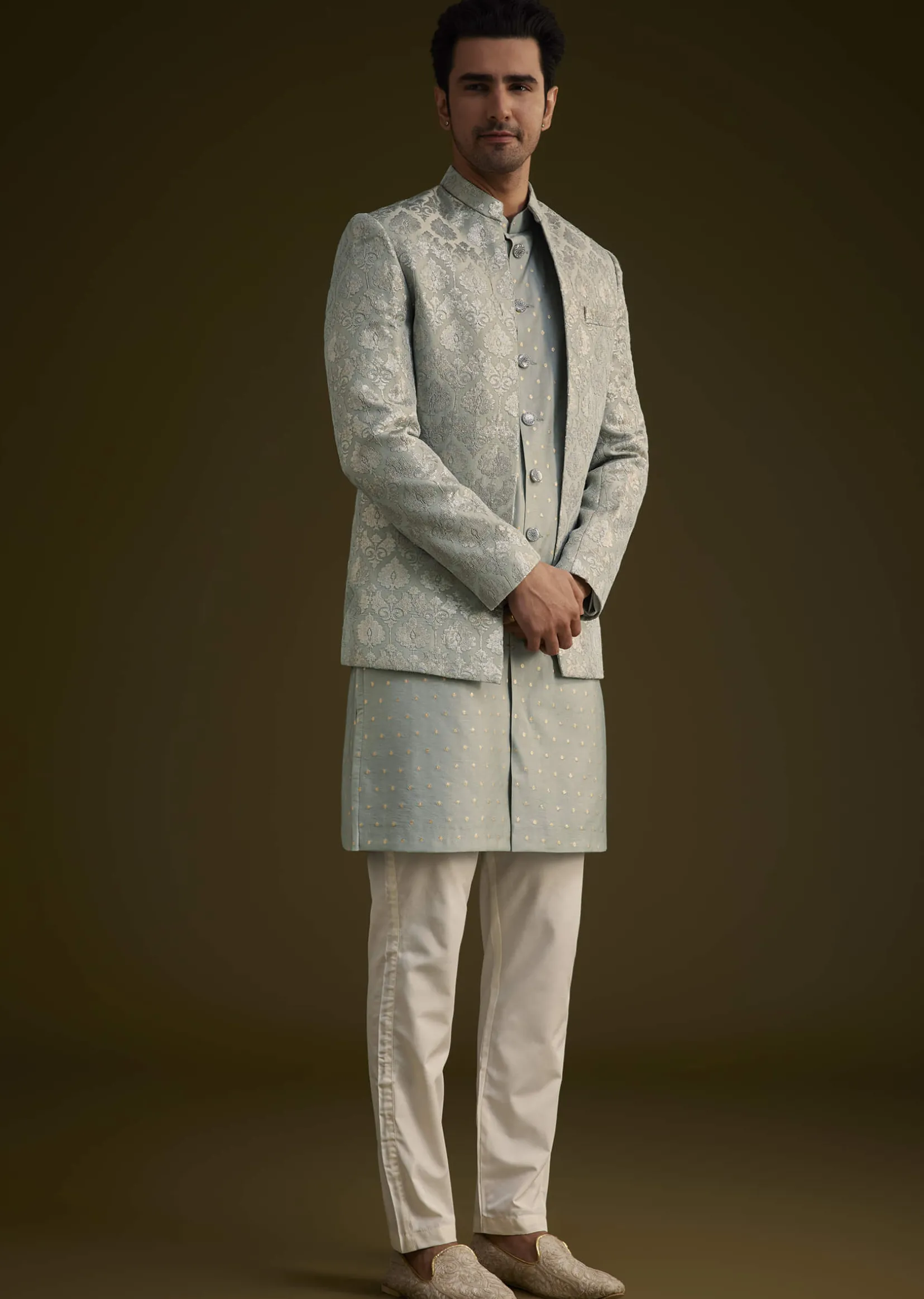 Grey Silk Jodhpuri Suit Featuring Foil Print