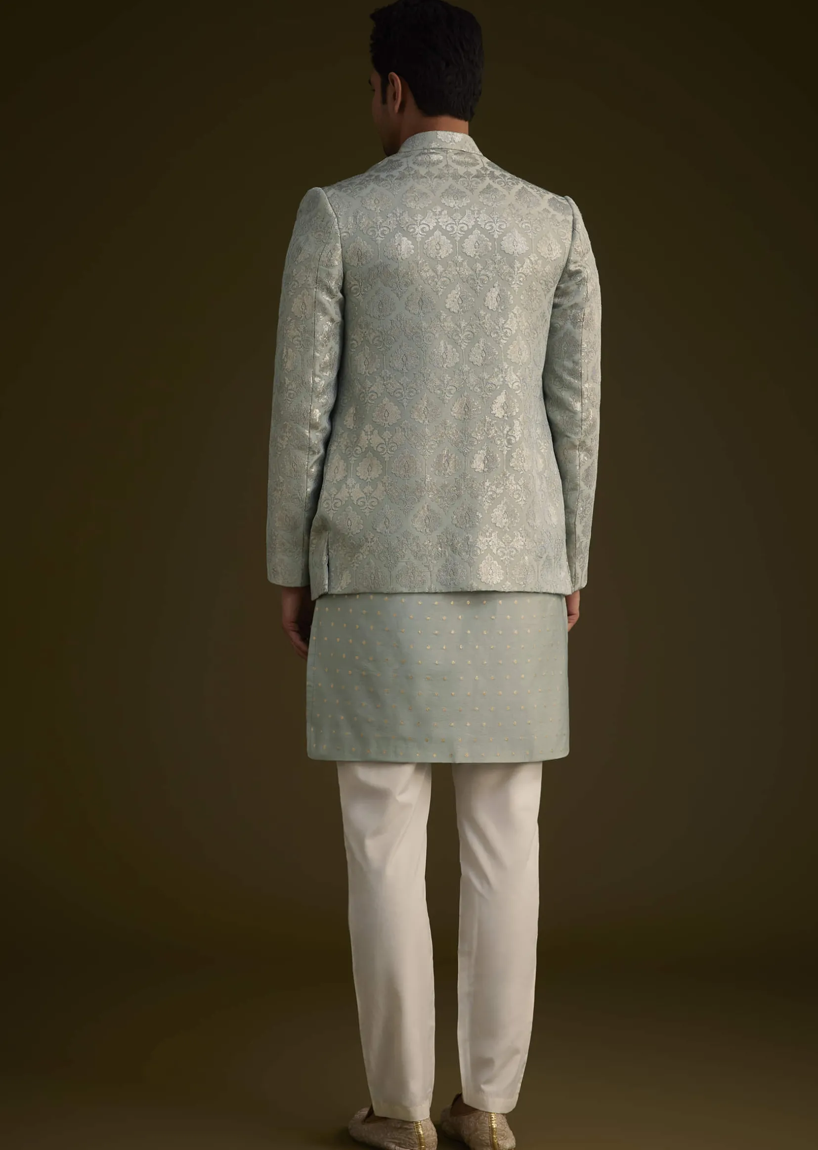 Grey Silk Jodhpuri Suit Featuring Foil Print