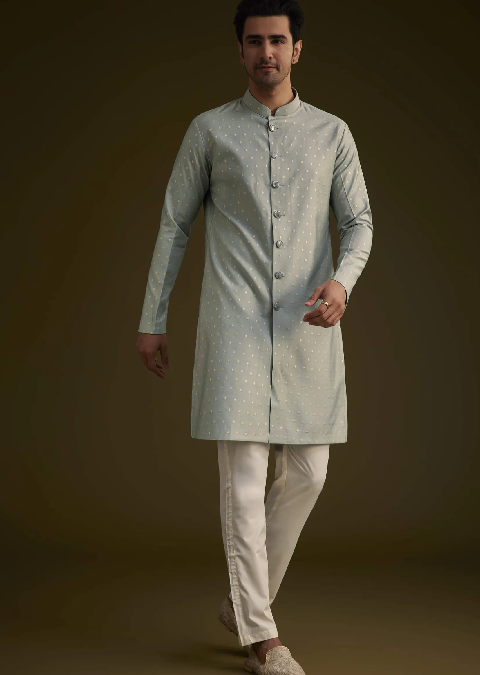 Grey Silk Jodhpuri Suit Featuring Foil Print