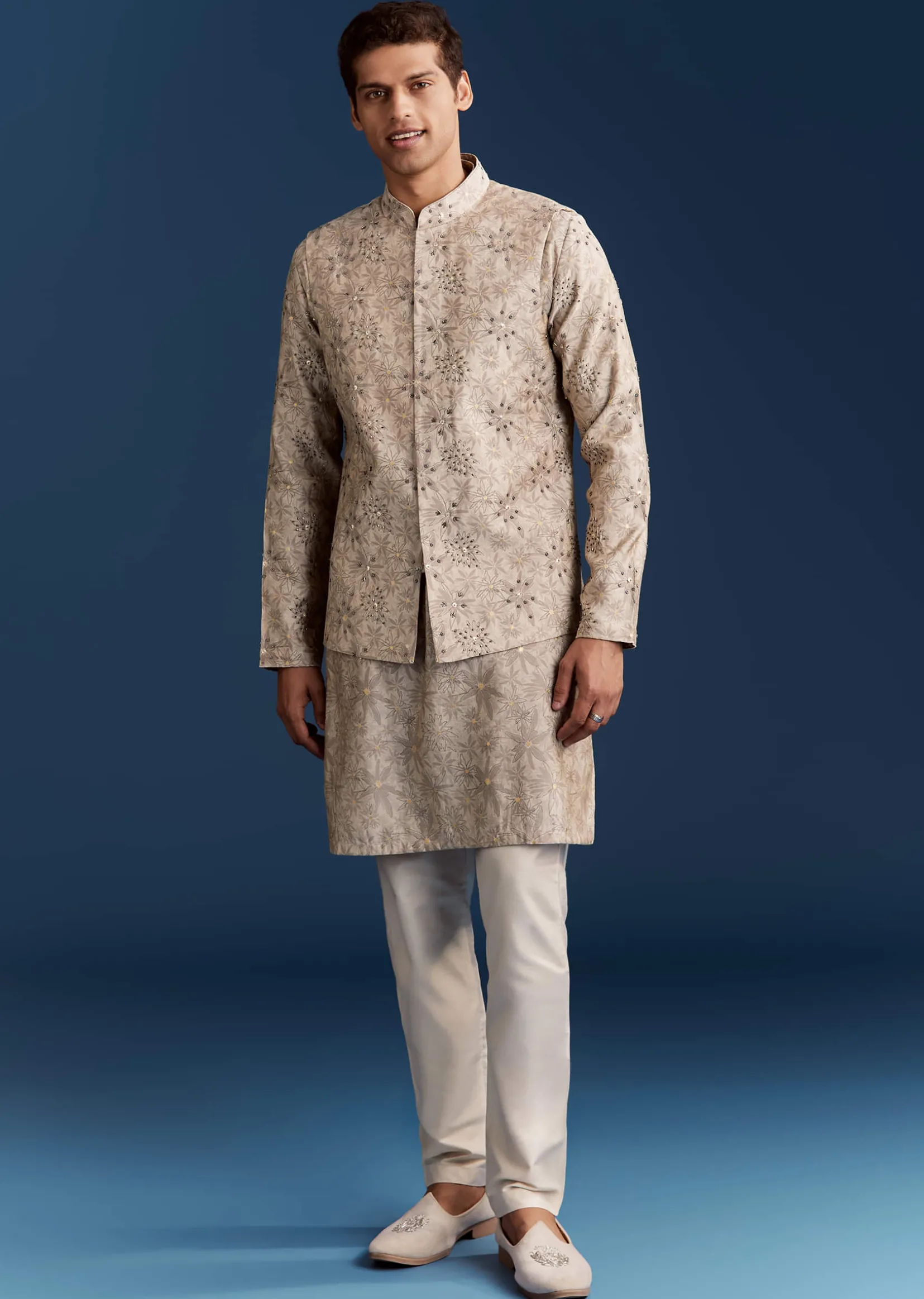 Grey Silk Kurta Jacket Set With Sequins And Moti Detailing