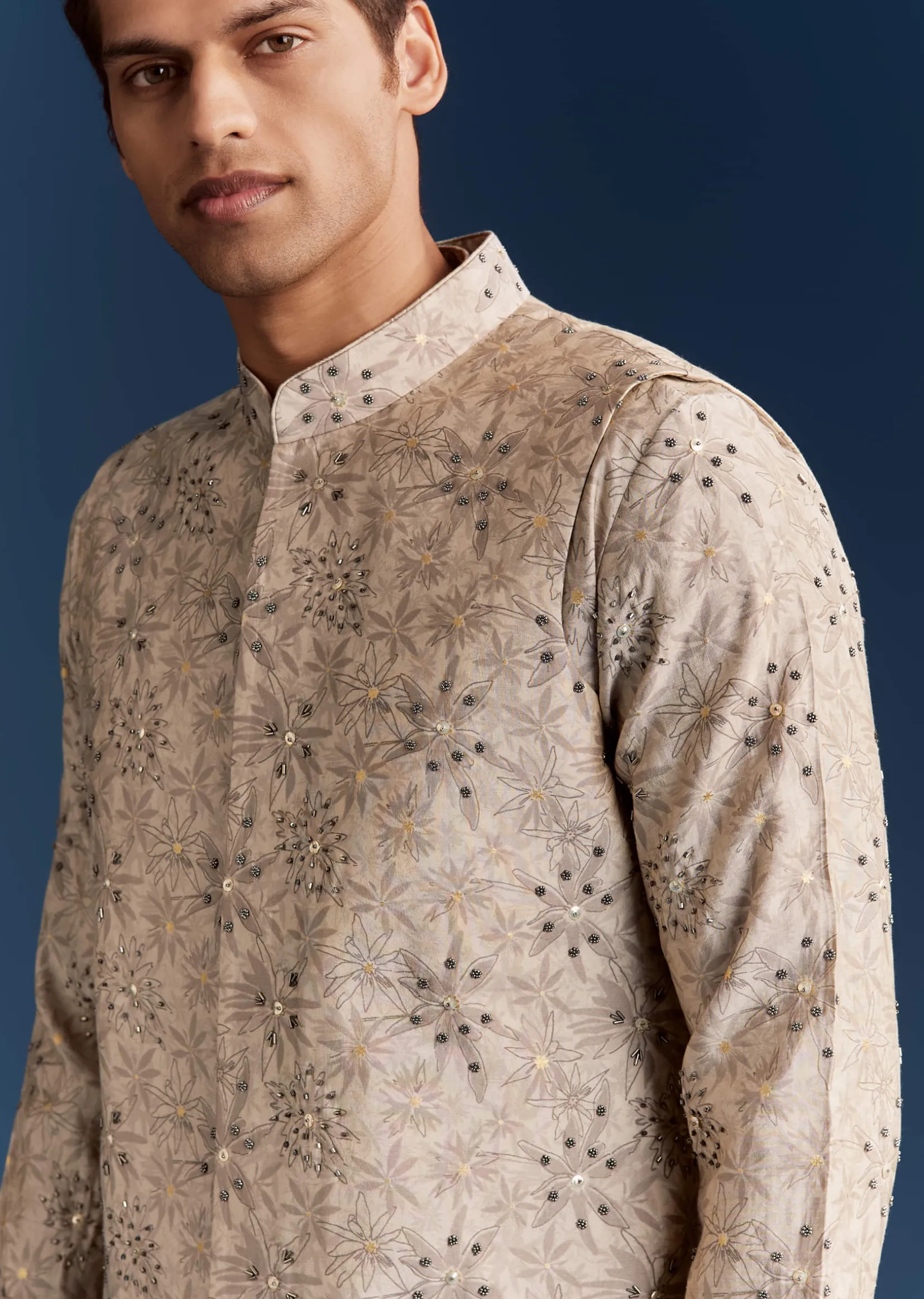 Grey Silk Kurta Jacket Set With Sequins And Moti Detailing