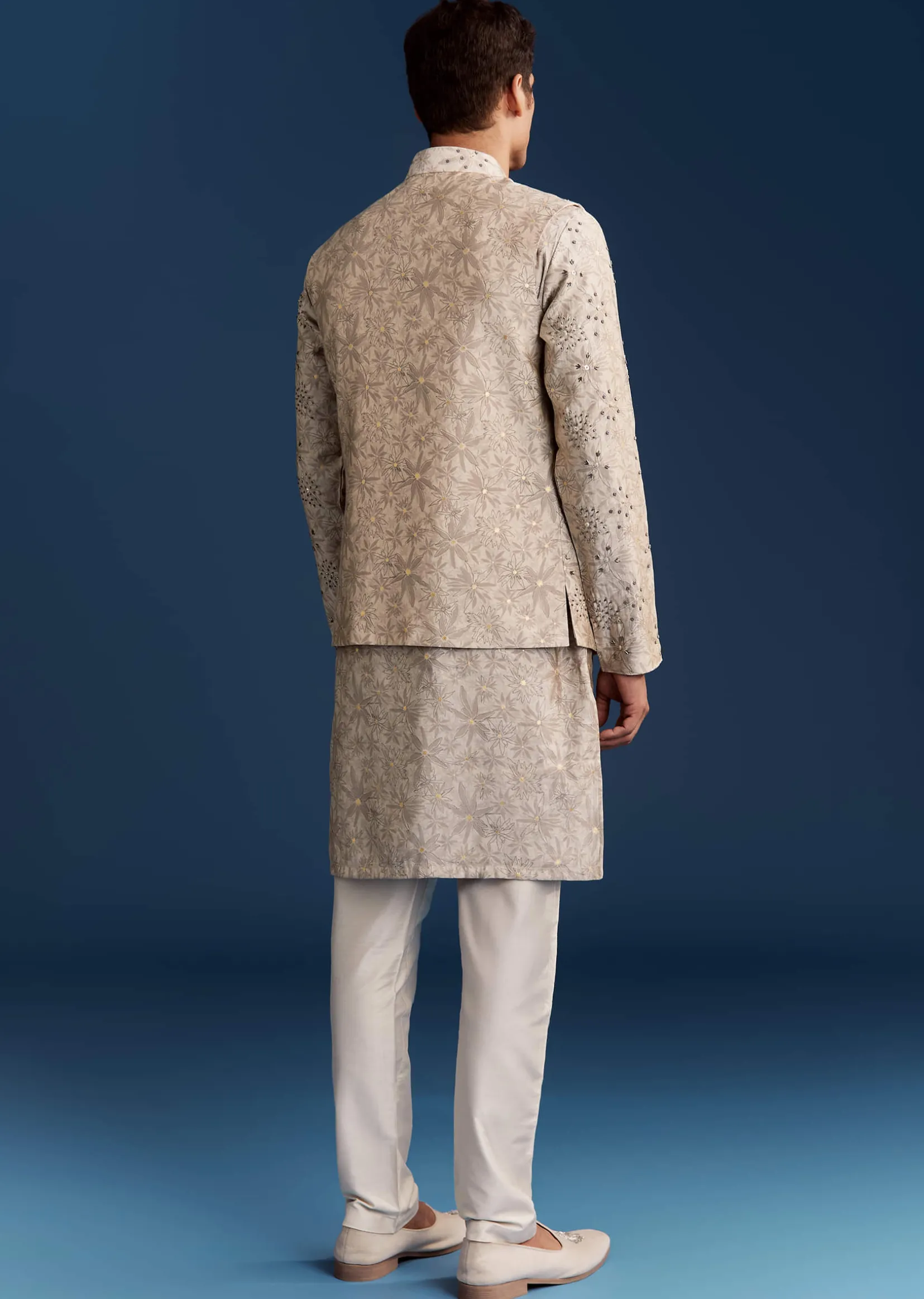 Grey Silk Kurta Jacket Set With Sequins And Moti Detailing