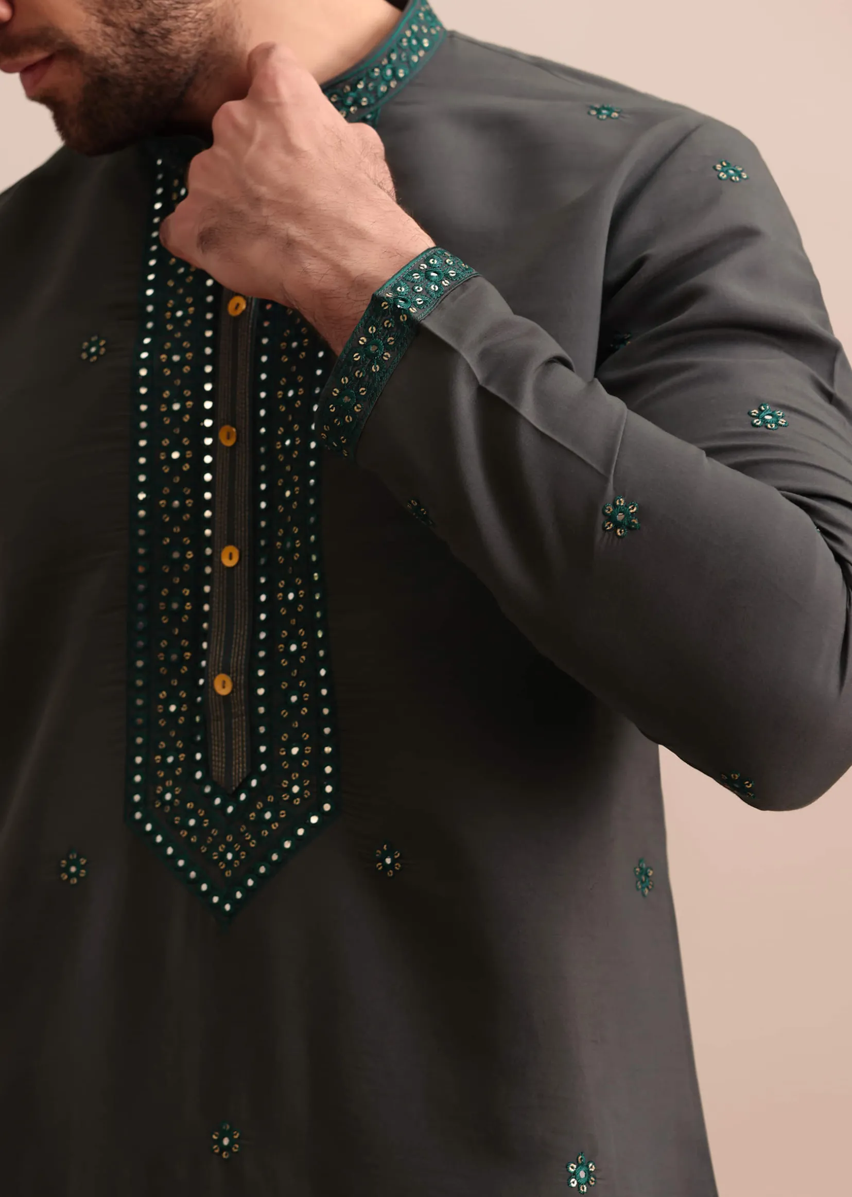 Grey Silk Kurta Set In Resham Work For Men