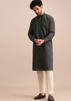 Grey Silk Kurta Set In Resham Work For Men