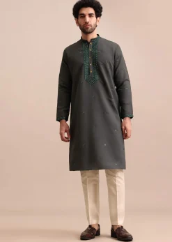 Grey Silk Kurta Set In Resham Work For Men
