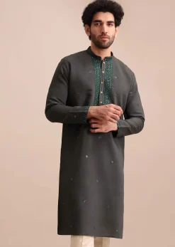 Grey Silk Kurta Set In Resham Work For Men