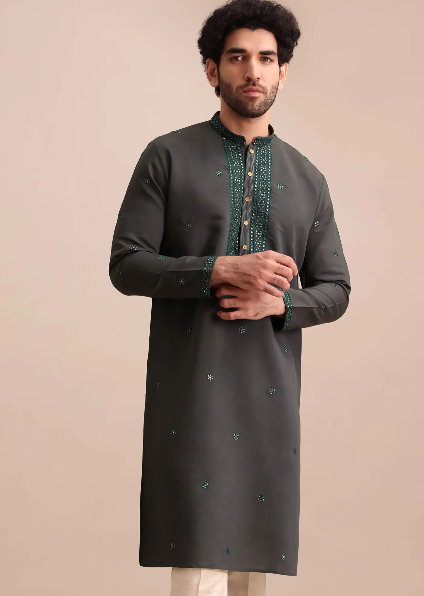 Grey Silk Kurta Set In Resham Work For Men