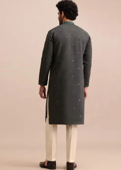 Grey Silk Kurta Set In Resham Work For Men