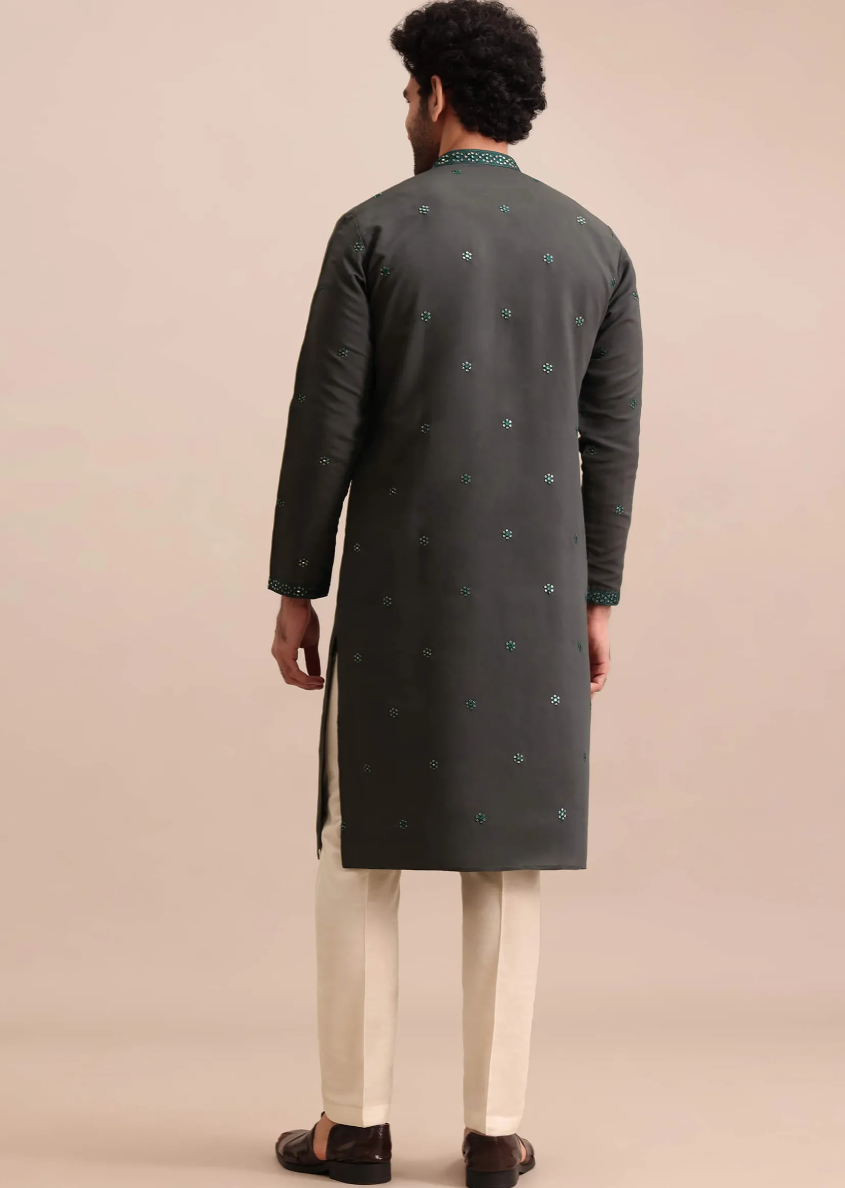 Grey Silk Kurta Set In Resham Work For Men