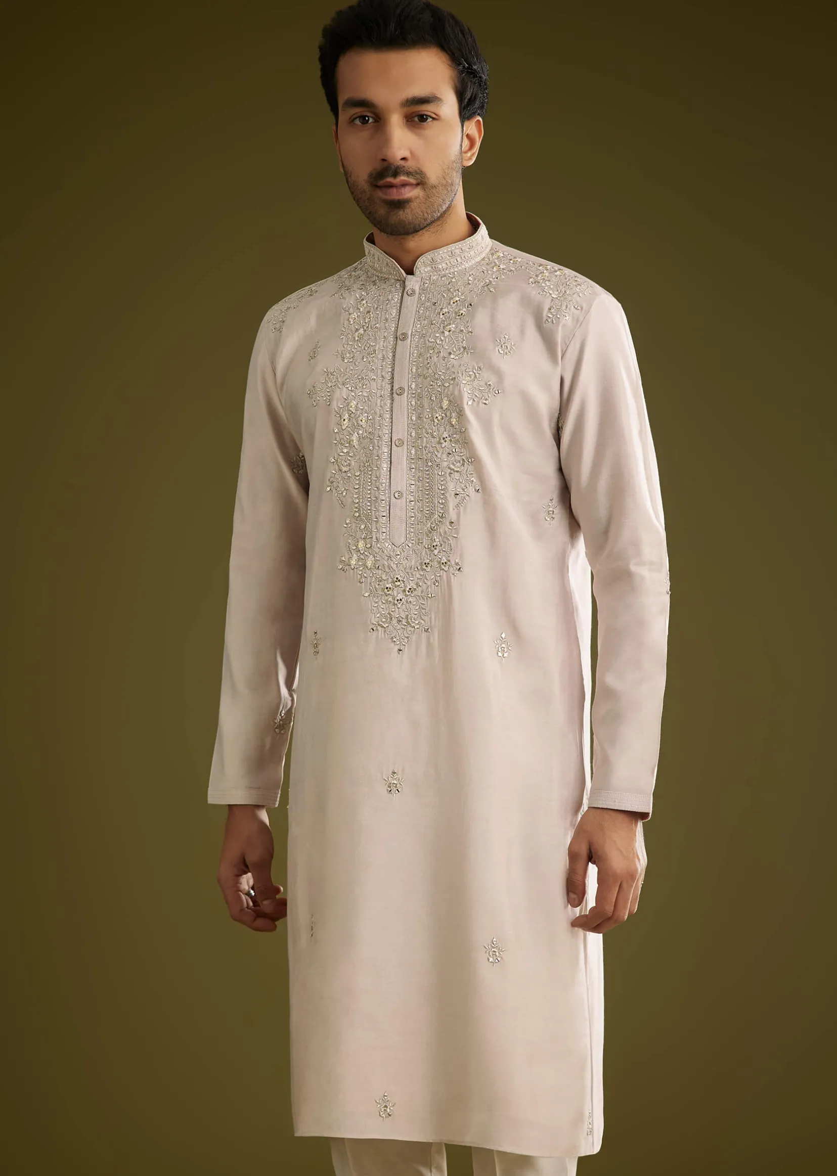 Grey Silk Kurta Set With Mirror And Thread Work