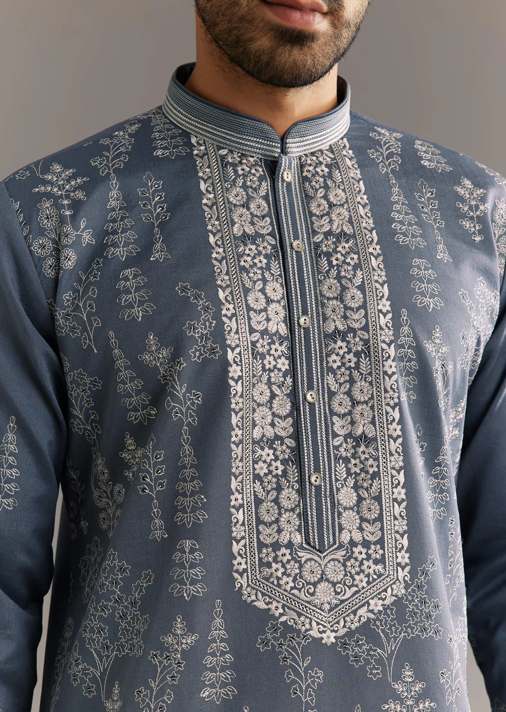 Grey Silk Kurta Set With Thread Work