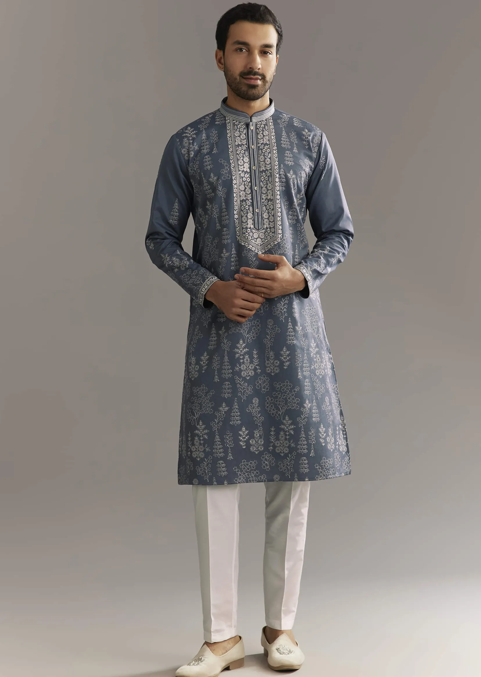 Grey Silk Kurta Set With Thread Work