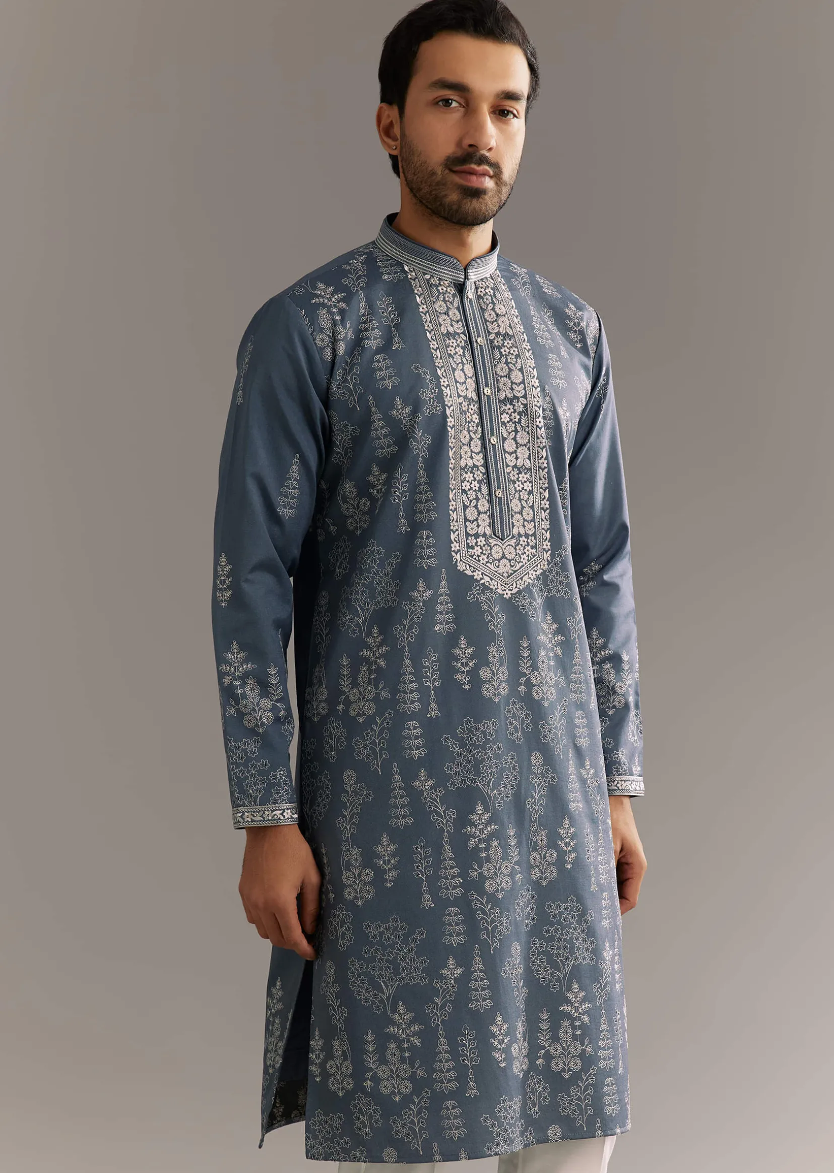 Grey Silk Kurta Set With Thread Work