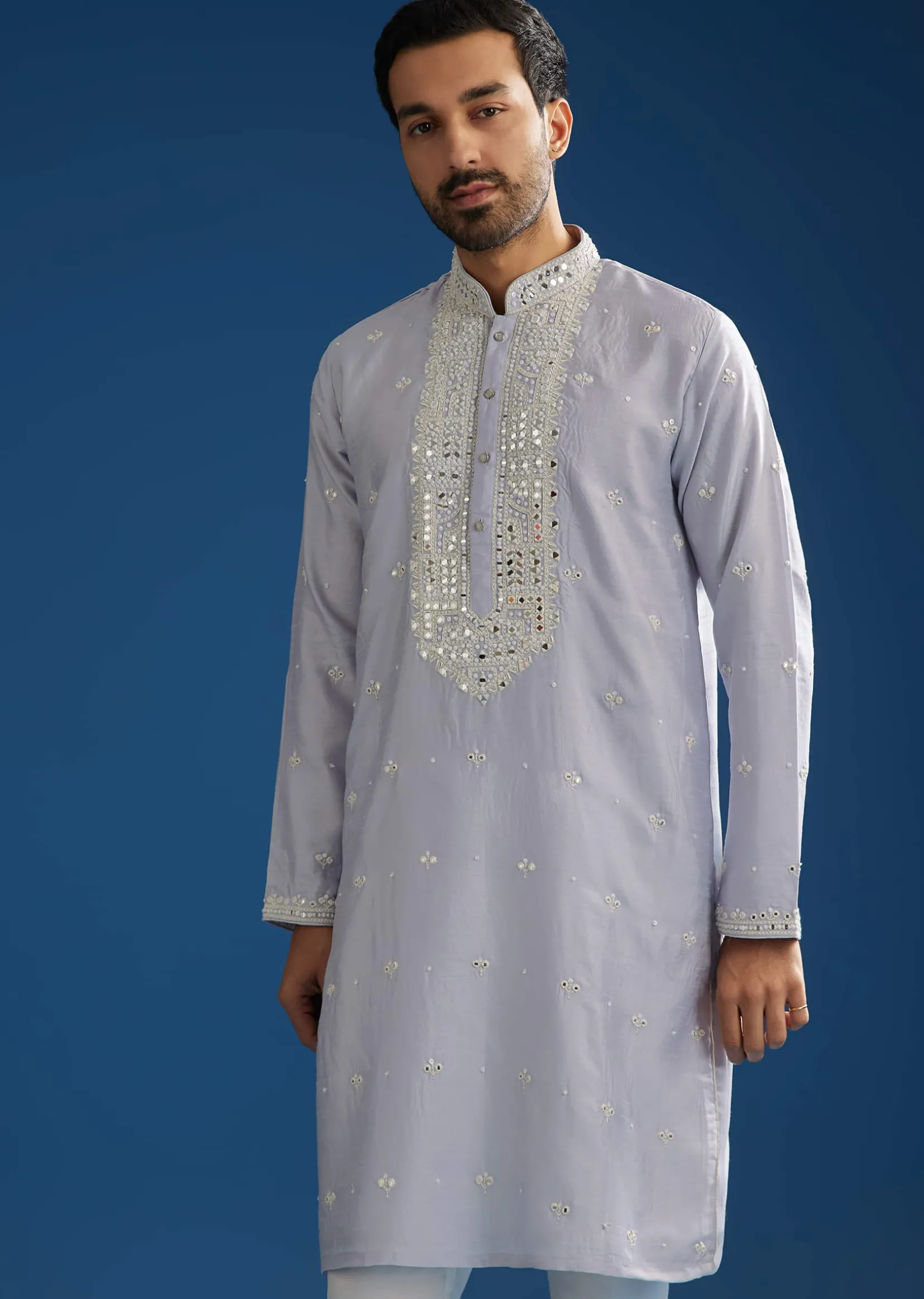 Grey Silk Mirrorwork Kurta Set With Threaded Yoke