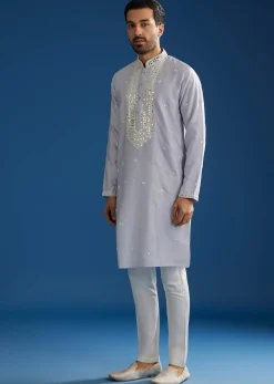 Grey Silk Mirrorwork Kurta Set With Threaded Yoke