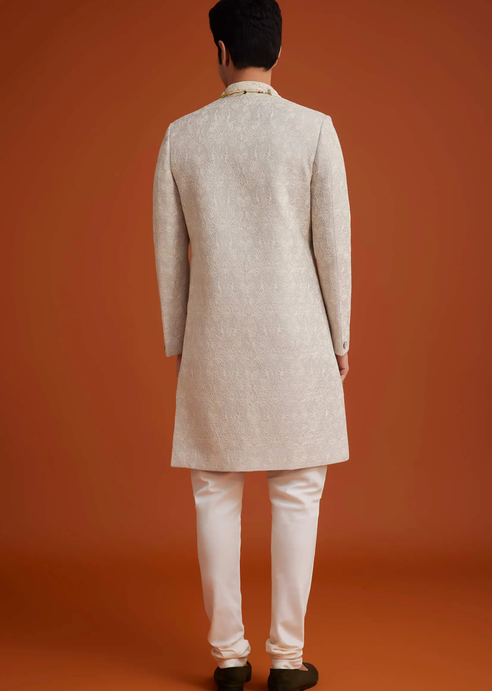 Grey Silk Sherwani With Embroidery And Beads Work