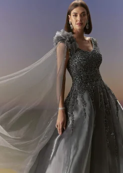 Grey Sleeveless Gown With Soft Net Trail And Shimmer