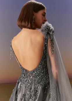 Grey Sleeveless Gown With Soft Net Trail And Shimmer