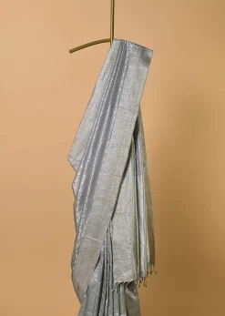 Grey South Silk Saree With Abstract Zari Border And Unstitched Blouse Fabric