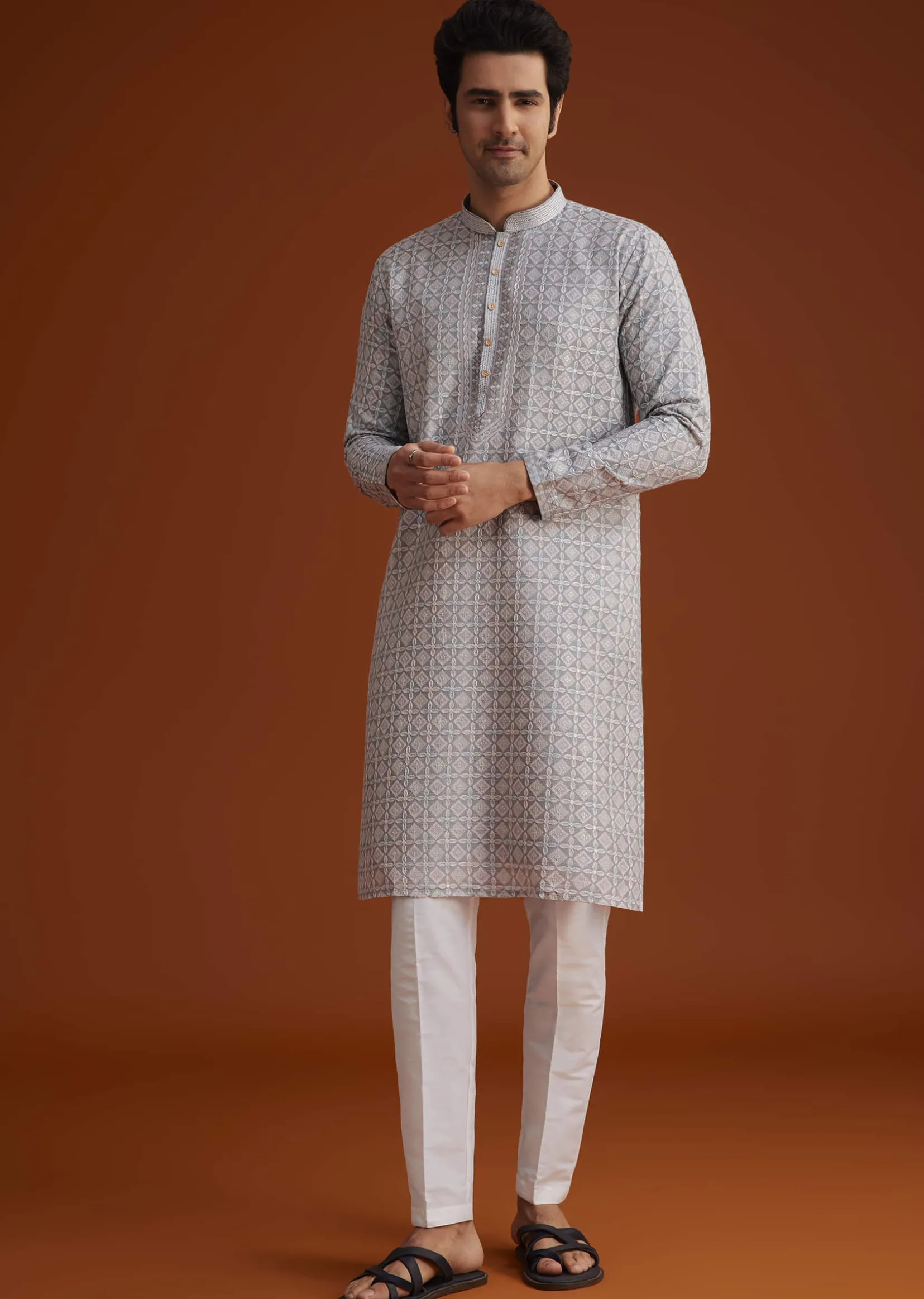 Grey Textured Kurta With Geometric Motifs