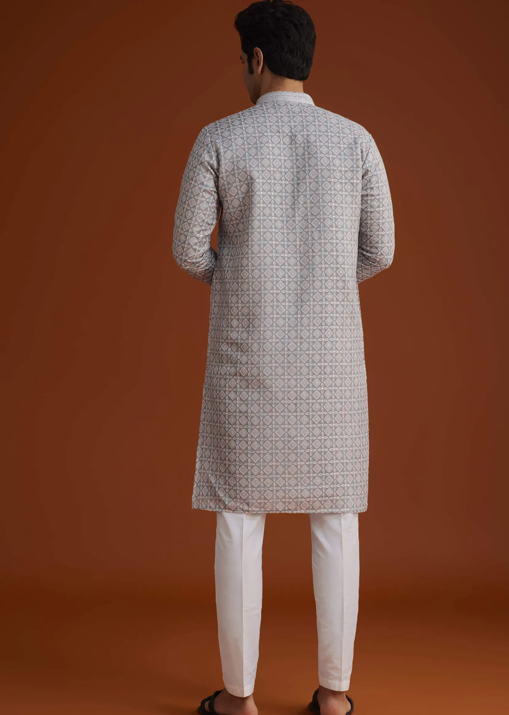 Grey Textured Kurta With Geometric Motifs