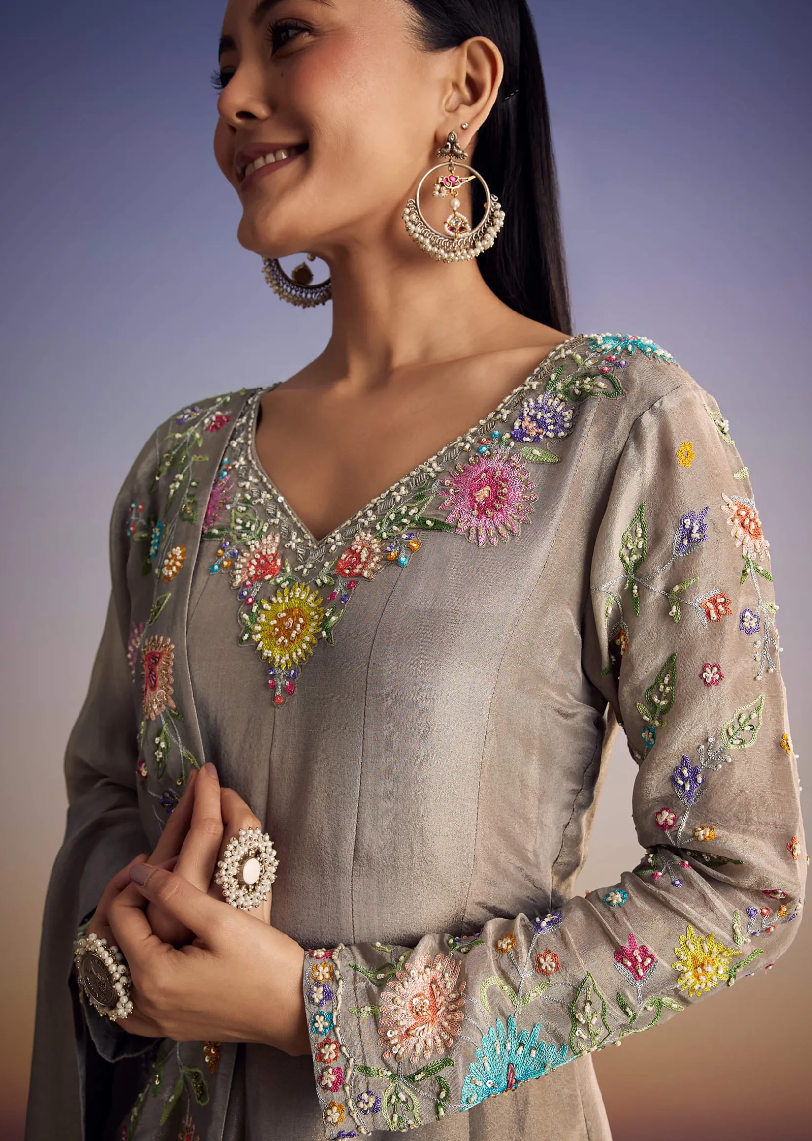 Grey Tissue Anarkali Set With Resham And Moti Work