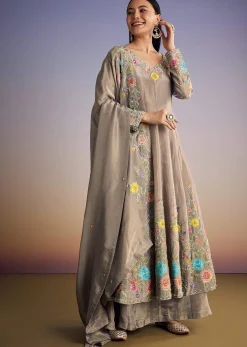 Grey Tissue Anarkali Set With Resham And Moti Work