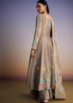 Grey Tissue Anarkali Set With Resham And Moti Work