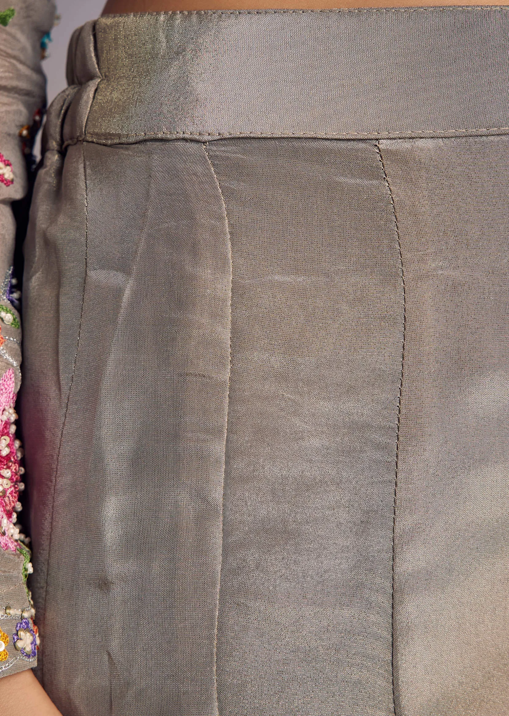 Grey Tissue Anarkali Set With Resham And Moti Work