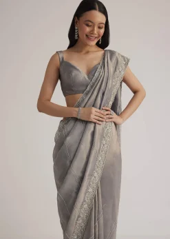 Grey Tissue Embroidered Saree
