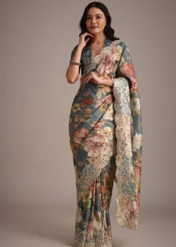Grey Tissue Muslin Digital Printed Saree With Pitta Work On Border