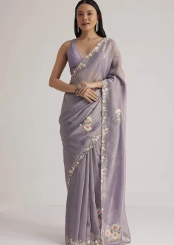 Grey Tissue Saree Floral Embroidery