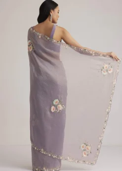 Grey Tissue Saree Floral Embroidery