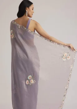 Grey Tissue Saree Floral Embroidery
