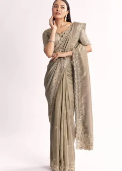 Grey Tissue Saree With Cutdana Sequins Beads And Resham Embroidery
