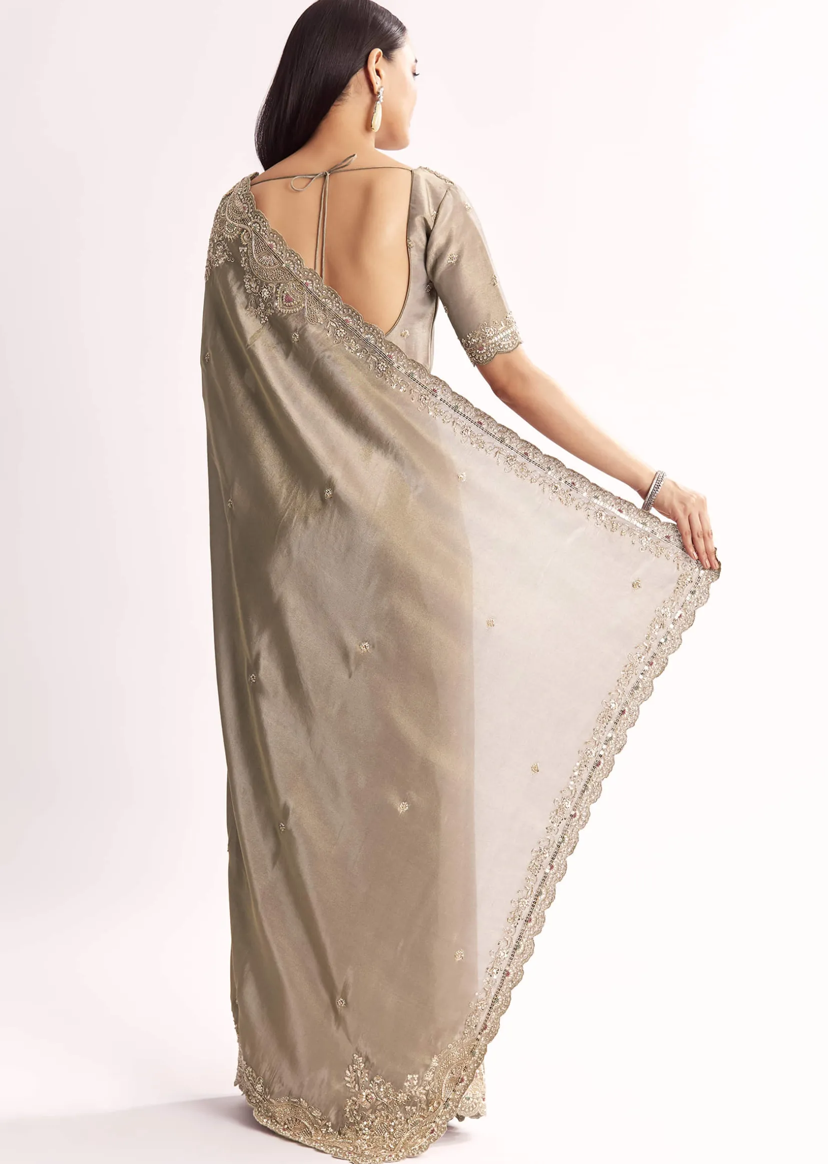 Grey Tissue Saree With Cutdana Sequins Beads And Resham Embroidery