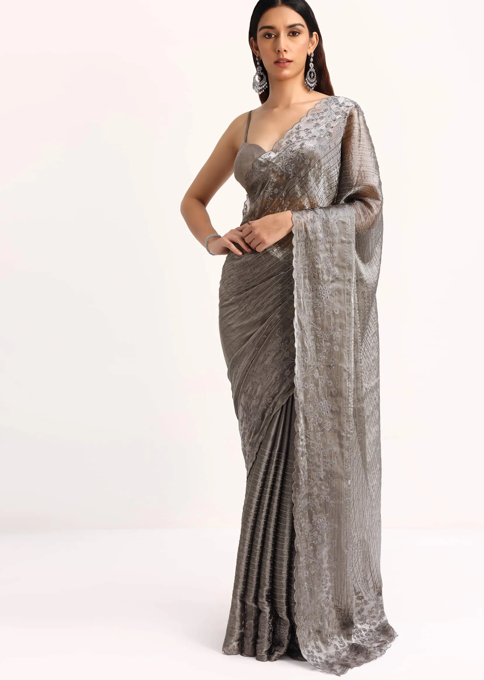 Grey Tissue Saree With Thread And Stone Embroidery And Unstitched Blouse