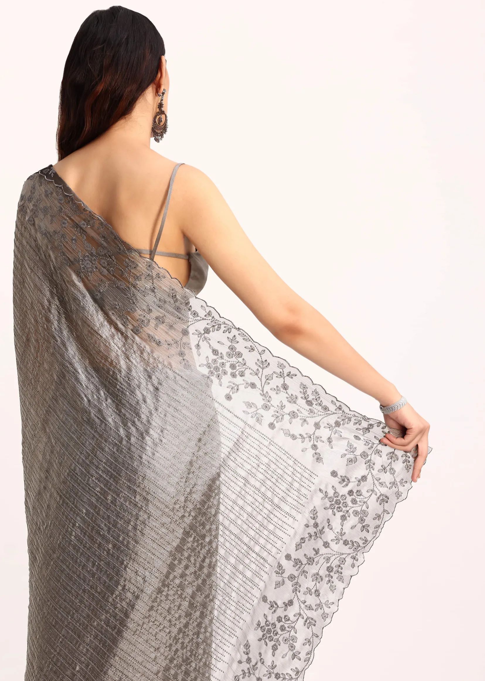 Grey Tissue Saree With Thread And Stone Embroidery And Unstitched Blouse