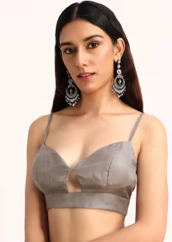 Grey Tissue Saree With Thread And Stone Embroidery And Unstitched Blouse