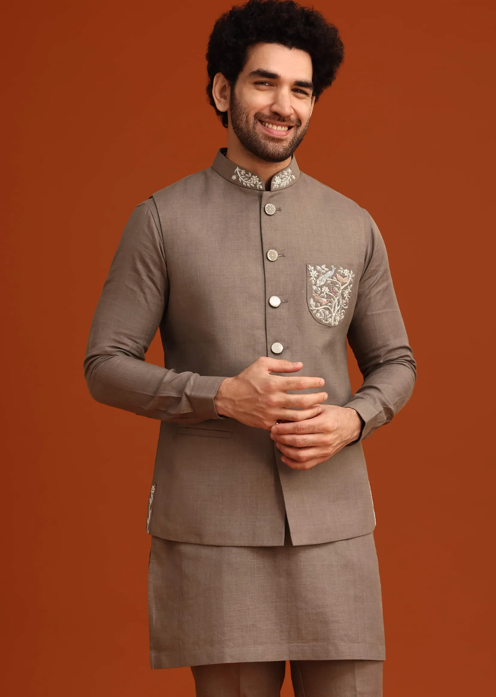 Grey Zardozi Work Linen Jacket Kurta Set