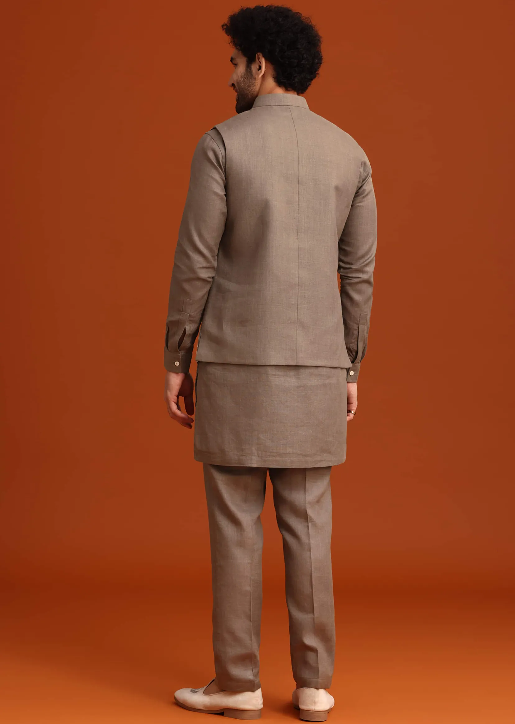 Grey Zardozi Work Linen Jacket Kurta Set