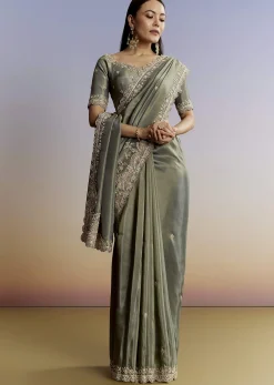 Greyish Blue Tissue Saree With French Knot Resham Embroidery