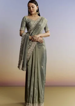 Greyish Blue Tissue Saree With French Knot Resham Embroidery