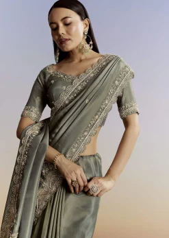 Greyish Blue Tissue Saree With French Knot Resham Embroidery